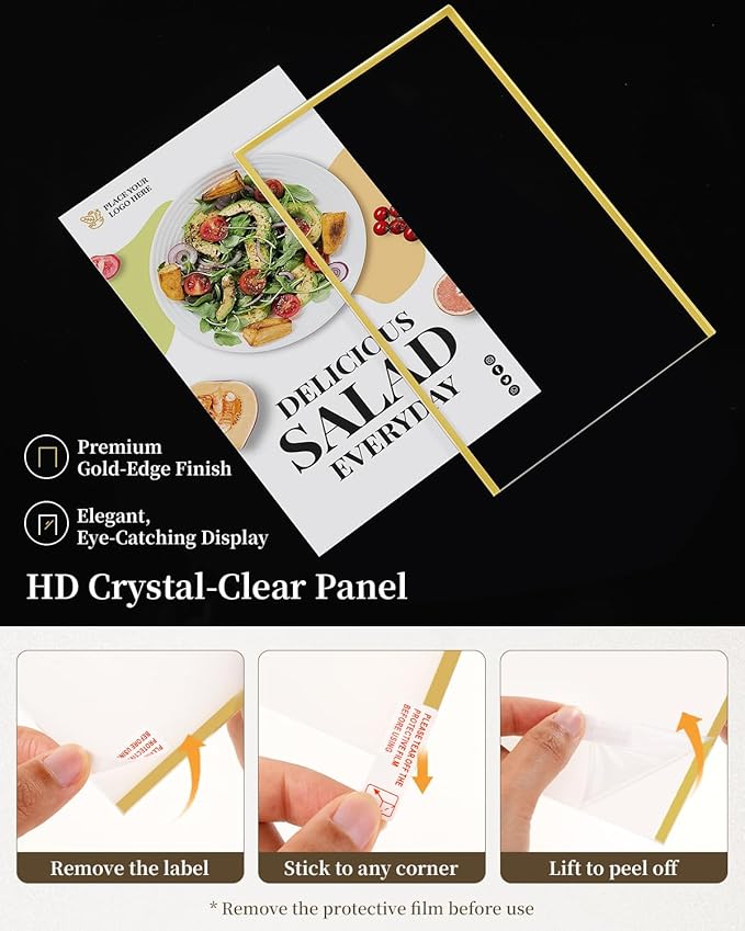 Dynta Acrylic Sign Holder 5x7in Double-Sided Display Stand with Gold Frame Clear Table Sign Holders for Wedding Party Restaurants Home Office(8 Pack)