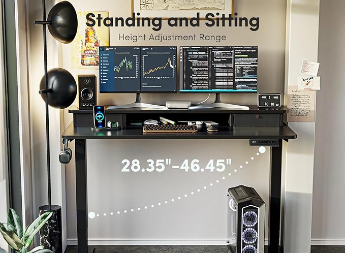 FEZIBO 40 x 24 Inch Height Adjustable Electric Standing Desk with Double Drawer, Computer Desk, Home Office Stand Up Table with 4 Height-Adjustable Feets & 2 Hooks, Black