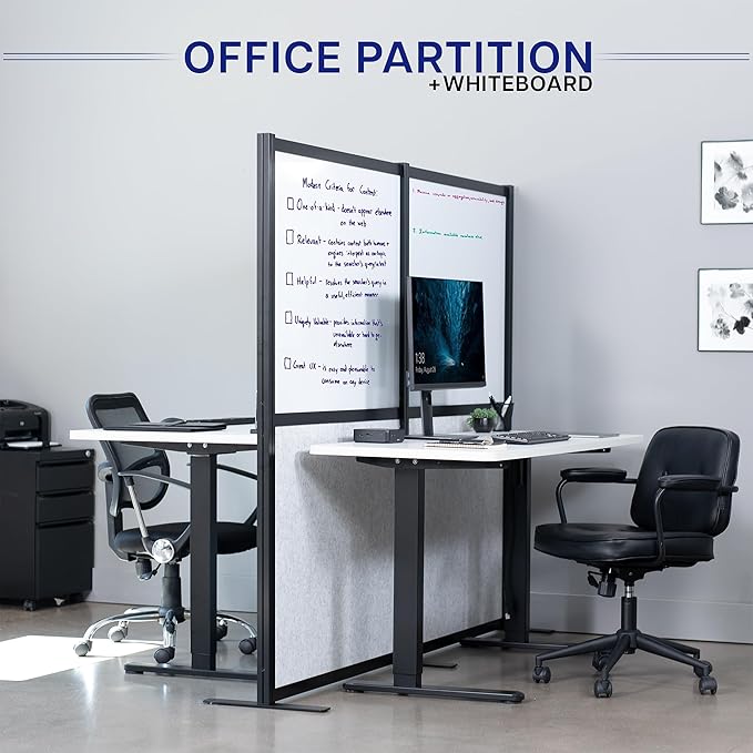 VIVO Modular Wall System, 2 PET and Whiteboard Panels, Professional Office Cubicle Dividers, Freestanding Privacy-Screen, 66 inches High, White and Light Gray, Black Frame, PP-MWS63B-WB