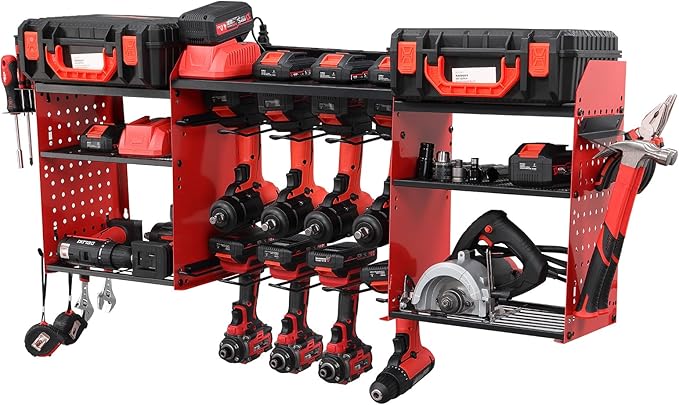Power Tool Organizer Wall Mount with Charging Station, Heavy Duty Metal Cordless Drill Holder, Garage Tool Storage Battery Rack with 8 Outlet, Gift for Men Husband Dad Birthday Anniversary Red