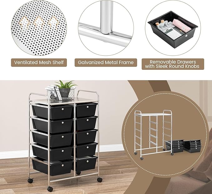LDAILY 10 Drawer Rolling Cart, Storage Cart Organizer on Wheels, Drawer Cart with Metal Frame & Large Storage Capacity, Rolling Cart with Drawers for Living Room Classroom, Office