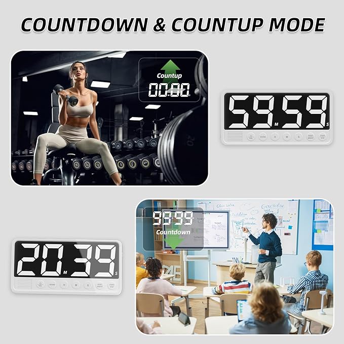 PULIVIA Extra-Large Display Digital Kitchen Timer with 7.4” LED Screen, 6 Alarms & 4 Volume Levels, 3 Memory Presets, Magnetic Stand Rechargeable Count Down/Up Timer for Cooking Home Gym, White