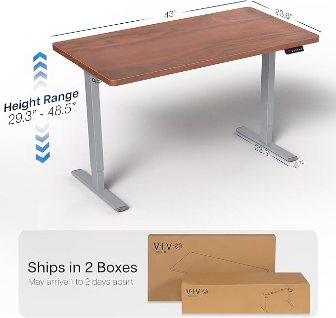 VIVO Electric 43 x 24 in Standing Desk, Memory Height Adjustment, 1B Series, Holds 220 lbs, One-Piece Dark Walnut Top, Gray Frame, DESK-KIT-1G4D