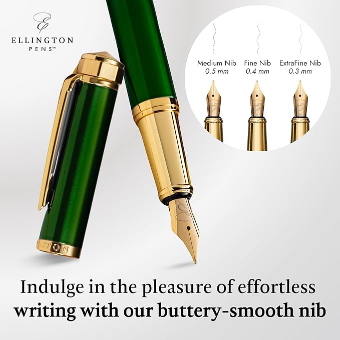 Ellington Pens Luxury Fountain Pen Set - Smooth Fine Nib - Includes 3 Ink Cartridges, Refillable Ink Converter, Box - Fountain Pens For Writing, Calligraphy, Journaling, Sketching (Emerald Enigma)