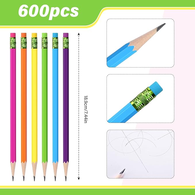 TecUnite 600 Pcs HB #2 Unsharpened Pencils bulk with Eraser Wooden Hexagonal No 2 neon Pencils for Adults Gifts Exams Office Sketching Party Favors(Rainbow)