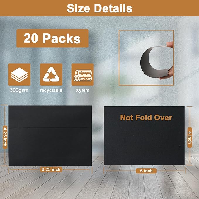 Silunkia Black Blank Greeting Cards and Envelopes 4 x 6 Heavyweight Flat Cardstock and A4 Envelopes Printable Self Seal 20 Packs for DIY Wedding Invitations, Birthday, Thank You Cards