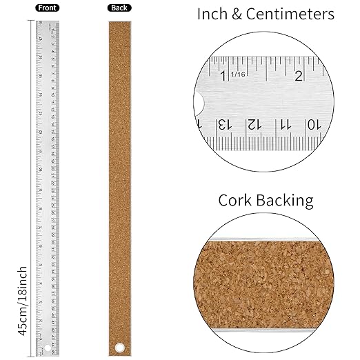 Metal Ruler with Cork Backing, 18 Inch Stainless Steel Rulers 18 Inch Metal Ruler 10 Pack - Imperial and Metric - Non-Slip Prevent Ink Leakage - for School Office Engineering Tools