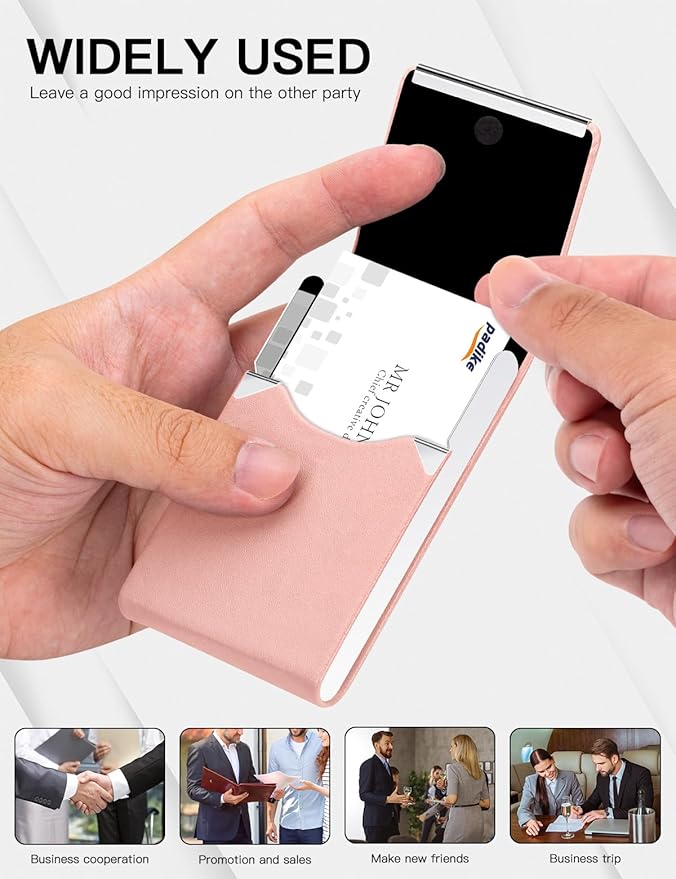 Padike Professional Business Card Holder PU Leather Business Card Case Name Card Holder Slim Metal Pocket Card Holder with Magnetic Shut (Y-Pink)