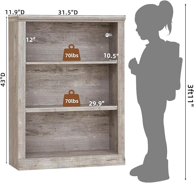 RWYHG 43" Grey Tall Bookshelf Set of 3,3-Tier Thick Wooden Book Shelf with Adjustable Shelves,Free Standing Farmhouse Bookcase with Open Display Storage,Floor Vintage Bookshelves for Living Room