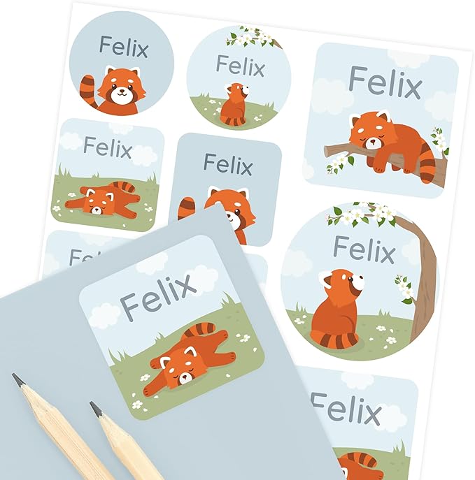 Large Name Labels for Kids (33) - Custom Stickers for Daycare and School Supplies - Durable, Waterproof Stickers for Water Bottles, Lunch Boxes, and More with Unique Designs - Red Panda