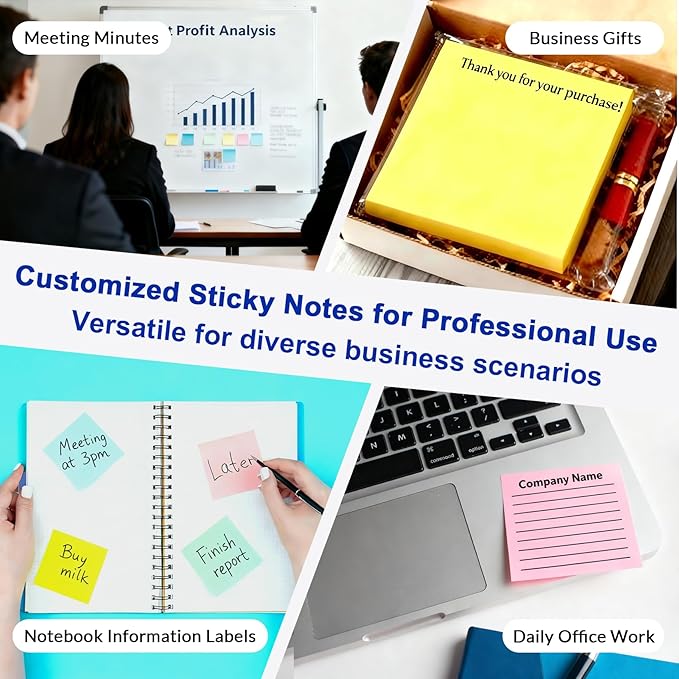 BEXOA EDC Bulk Personalized Sticky Notes 3"x3" - 4 Color Custom Notepads with Your Text, 100 Sheets/Pad, 12 Pack Set for Business Marketing, Office Supplies, Schools
