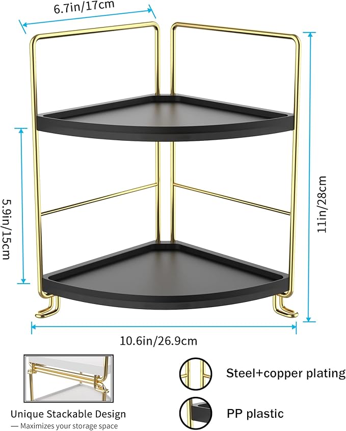 FSyueyun 2-Tier Corner Bathroom Counter Organizer, Tool-Less Installation Vanity Shelf Small Plastics Countertop Makeup Tray Skincare Perfume Organizers (Gold & Black)