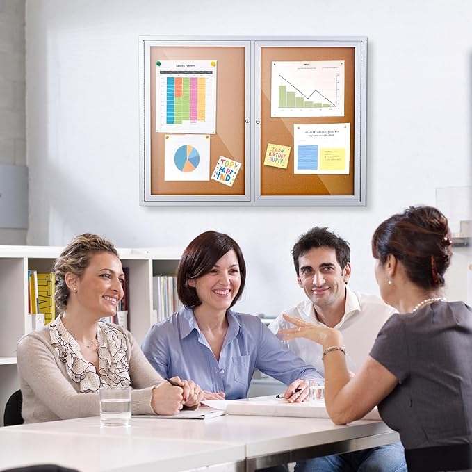 Homezelle Enclosed Cork Bulletin Board 48"x36" Outdoor Weatherproof Cork Noticeboard with Locking Door Wall-Mounted Silver Aluminium Frame for Home, School, Office, Community, Hospital