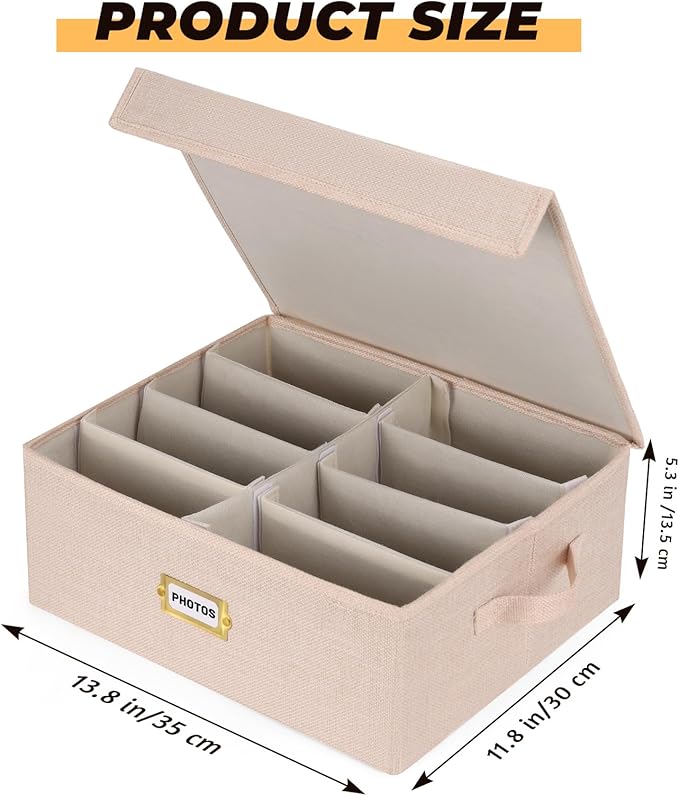 Erogeen Decorative Photo Storage Box with lid 4x6, 8 Inner Photo Organizer with Dividers, Memory Storage Box for Pictures, Stamps, Keepsakes (Beige)