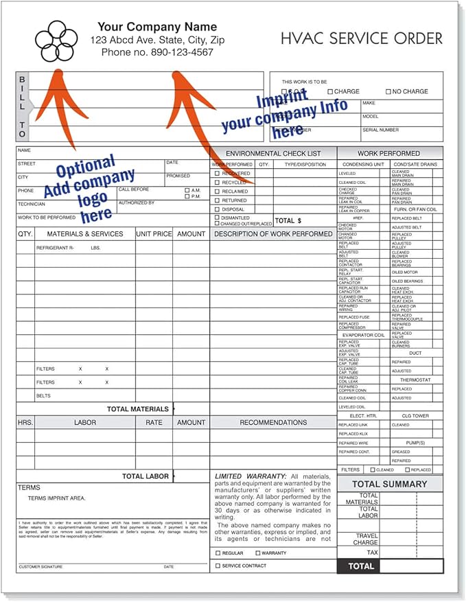 HVAC Service Order Invoice & Repair Detail Form, 3 Part Carbonless, Letter Size (Your Company Name Printed) 500 Sets