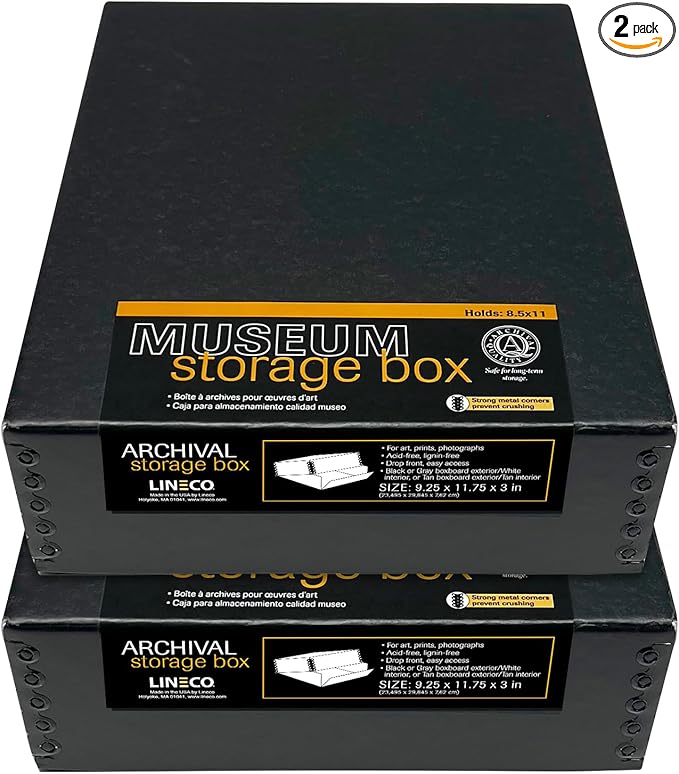 Lineco Museum Archival Storage Box, 9.25x11.75x3 in. Drop Front Design. Acid-Free with Metal Edge. Organize Photos, Pictures, Prints, Documents, Crafts, DIY. Black, 2 Pack