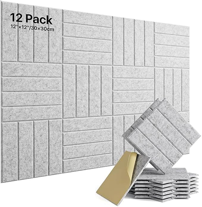 Lunarthos Felt Wall Tiles,12 Pack 12"x12"x0.4" Cork Borad Tiles with Self Adehesive Backing，Soundproof Corkboards for Office Home School（Gray）