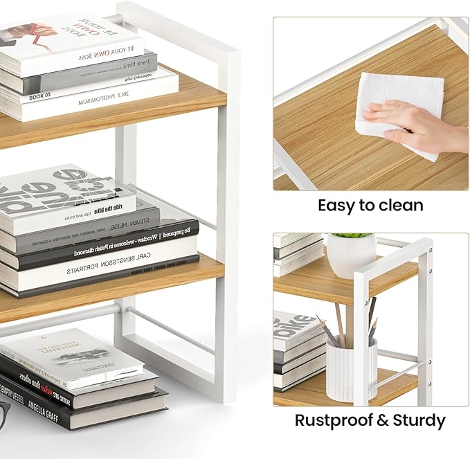 ART-GIFTREE Office Desk Shelf Organizer, Wood Desktop Bookshelf Supplies Storage Rack, Shelf for Top of Desk and Dresser (White-2 Tier)