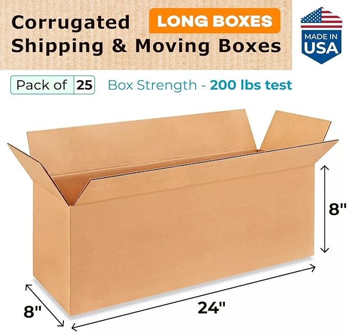 Long Moving & Shipping Boxes 24"L x 8"W x 8"H (25-Pack) - Extra Strength 200 lb vs Regular - Corrugated Strong Packing Boxes - Long Shipping Box - Recycled Cardboard Box by IDL Packaging