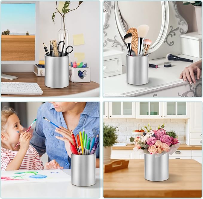 Dopaka Pen Holder Pencil Holder for Desk, Metal desk pen holder, Makeup Brush Holder, pencil cup, pen organizer for desk, for Office, School, Home, and Kids 3.9×3.14inch（Silver）