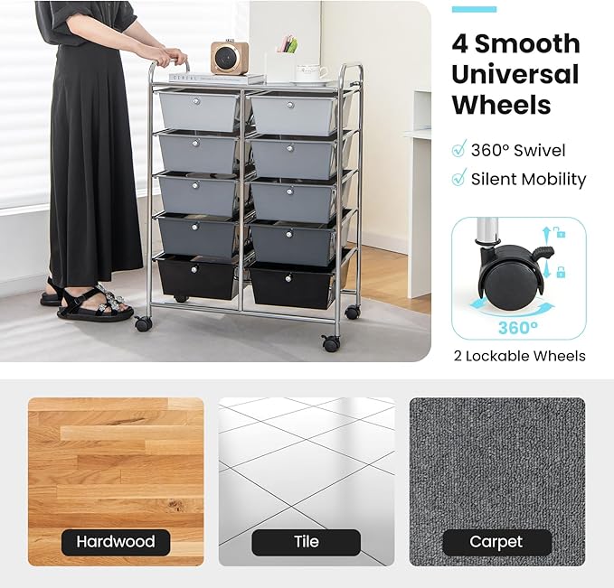 GLACER 10 Drawer Rolling Cart, Storage Cart with Lockable Whieels & Metal Frame, Trolley for Art Craft Oganizer, Mobile Utility Cart for Office, School, Classroom, Kitchen (Black Gradient)