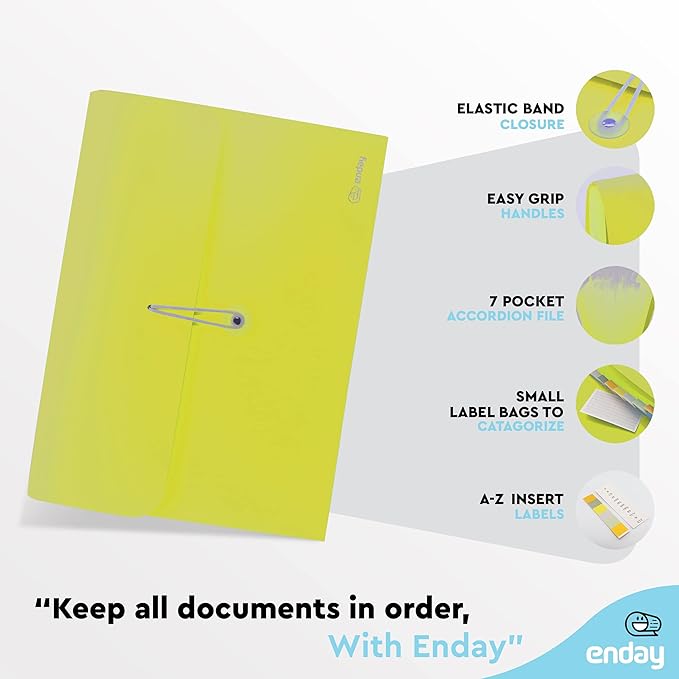 Accordion File Organizer Green, 7 Pocket Expanding File and Cover Folder with Labels, Plastic Portable Desktop Letter A4 Paper, Also Available in Red, Blue, Purple, Pink, Grey, 1 Pc – by Enday