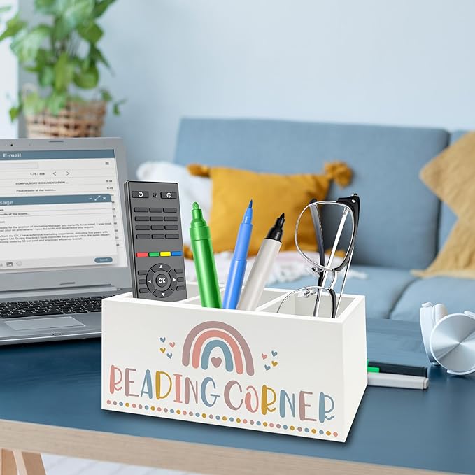 QZQE Boho Reading Corner Pen Pencil Holder Organizer for Desk, Boho Rainbow Bookish Wooden Box Signs Decorations for Reading Nook Corner Room Desk Tabletop, Book Lover Reader Gifts