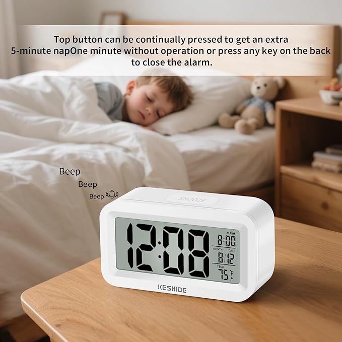 KESHIDE Travel Digital Alarm Clock, Battery Operated with Indoor Temperature, Desk Small Clock,Snooze Model,12/24H Display for Bedrooms Heavy Sleepers Kids Travel Bathroom