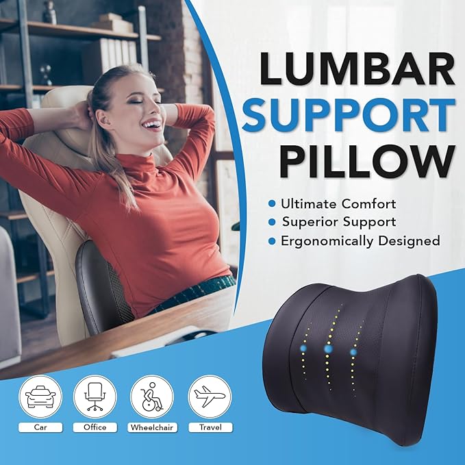Lofty Aim Lumbar Support Pillow for Car, Memory Foam Lumbar Pillow for Lower Back Pain Relief - Back Cushion for Driving, Chair Support for Car-Office Chair, Wheelchair - Classic Black
