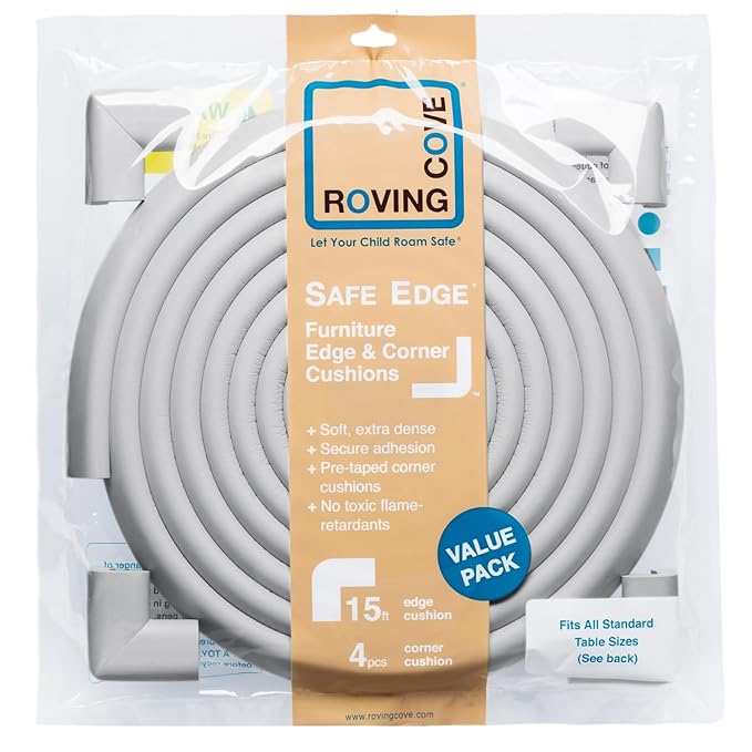 Roving Cove HeftyFit Edge Corner Protector Baby Proofing (Large 15ft Edge 4 Corners), Heavy-Duty, Soft NBR Rubber Foam, Furniture Fireplace Safety Bumper Guard, 3M Adhesive, Stone Grey