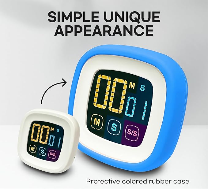 CREAVIVA Digital Kitchen Timer, Countdown, Countup, Protective Rubber case, Large Display with Color Bold Digits, Touch Control, Backlit, Magnetic Kickstand, Loud Alarm, Auto Memory (Sky Blue)