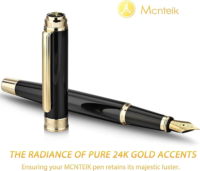MCNTEIK 317 Fountain Pen,Stunning Luxury Black Piano Lacquer,18K Gilded Nib(Fine),Gorgeous 24K Gold Finish, Ink Converter,Fancy Gift for Men&Women-Elegant,Executive,Office,Nice Pens for Writing