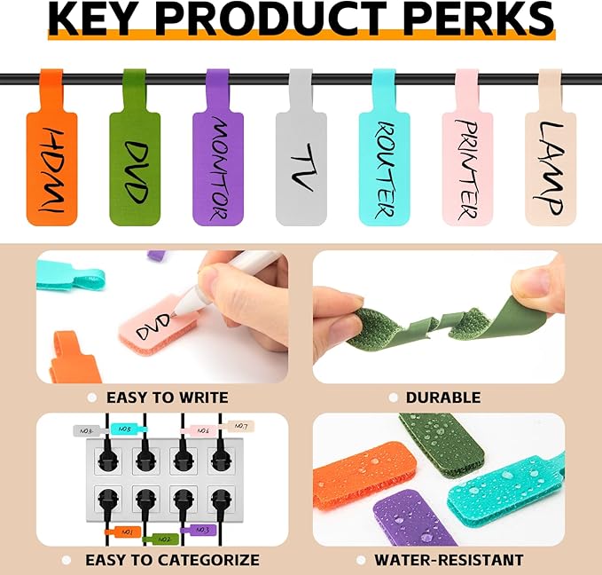 35 Pcs Multicolored Color-Coded Nylon Cable & Cord Labels (7 Colors, 5 Each) - Reusable Hook & Loop Wire Tags, Residue-Free Ink-Proof Water-Resistant Identification Labels for Home Office Data Centers