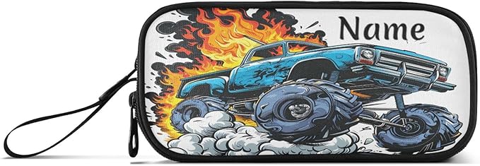 BOENLE Custom Truck Flame Pencil Case Box Boys Girls Personalized Name Large Pencil Pouch Stationery Pen Bag Organizer for Kids Adults School Office