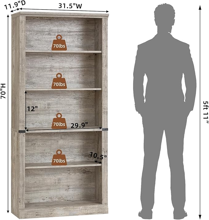 RWYHG 70" Grey Tall Bookshelf Set of 2,5-Tier Thick Wooden Book Shelf with Adjustable Shelves,Free Standing Farmhouse Bookcase with Open Display Storage,Floor Vintage Bookshelves for Living Room