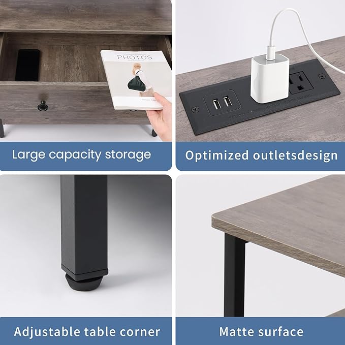 Edbuosy 3 Wooden Drawers Nightstand, 27 Inch Wide Night Stand Set 2 with Charging Station and Adjustable Drawers, Small Dresser for Closet, Bedside Table for Living Room/Bedroom/Office, Gray.