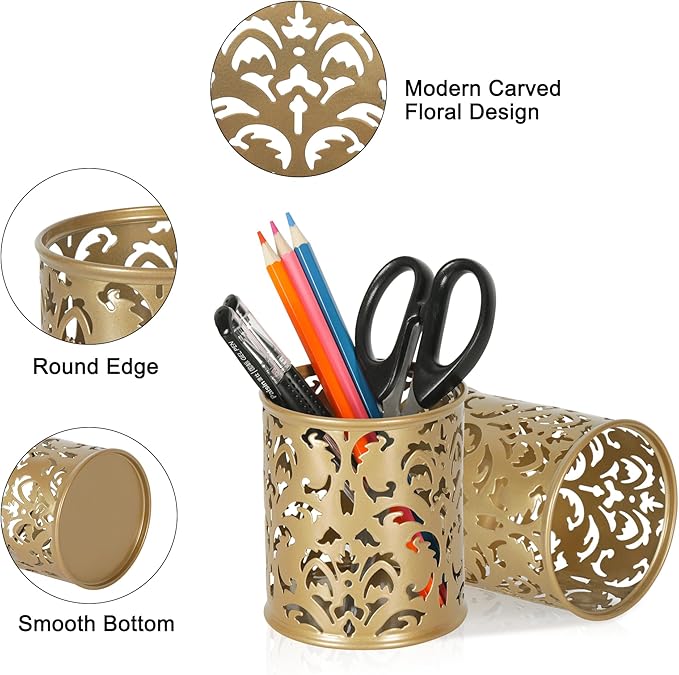 EasyPAG Gold Pen Holder for Desk, 2 Pack Round Pen Organizer, Brush Holder for Vanity, Metal Pencil Cup Organizer for Home, Office, Classroom, School