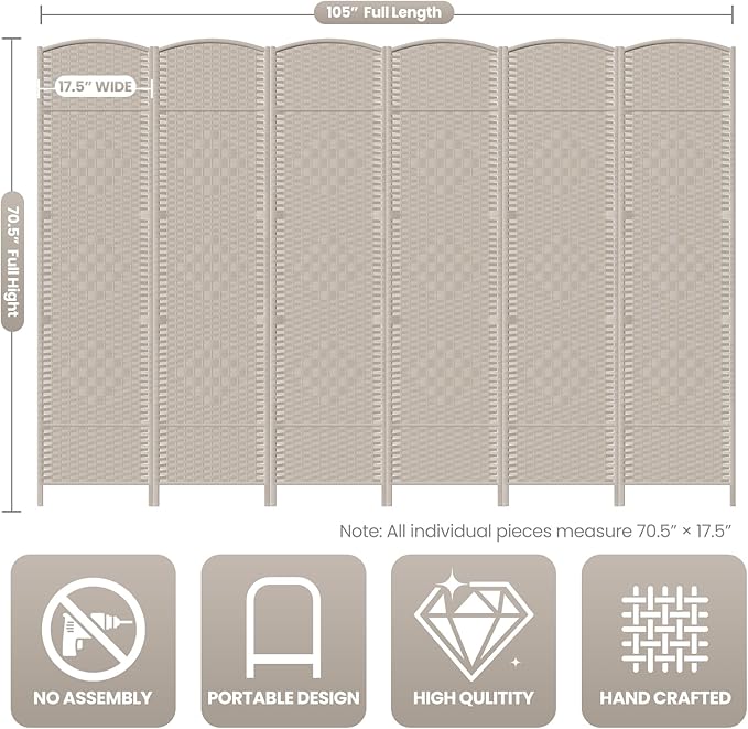 Cocosica 6 Panel Room Divider,6Ft Folding Privacy Screen,Tall - Extra Wide Foldable Panel Partition Wall Divider with Diamond Double-Weaved Hand-Woven Design Room Screen Divider