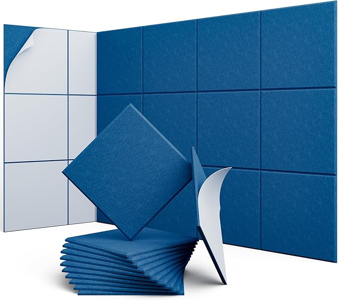 UNECHO 12 Pack 12" X 12" X 0.4" Acoustic Panels for Wall Sound Absorbing,Square Self-Adhesive Sound Panels, High Density Suitable for Multiple Scenarios(Yale Blue)