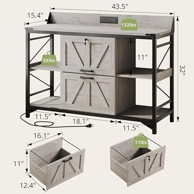 AesthLife 44" File Cabinet for Home Office, Wood Filing Credenza with Built-In Power Outlet, 2 Drawer File Cabinet with Lock, 4 Open Shelves, Metal Shelf, Adjustable Drawer fit to Legal/Letter/A4 Size