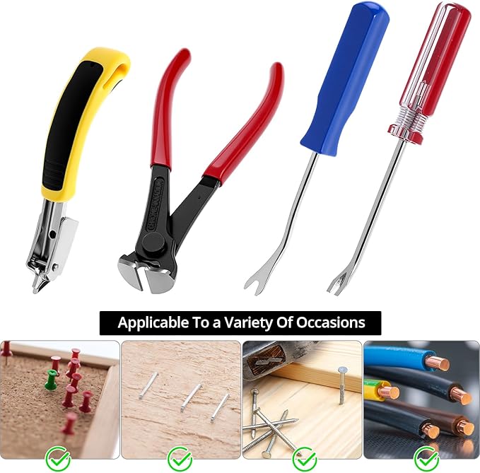 QWORK 4 Pcs Staple Remover Tool and Nail Puller Set, End Cutting Plier, V Tip Tack Pullers, for Furniture Floor Wall Car