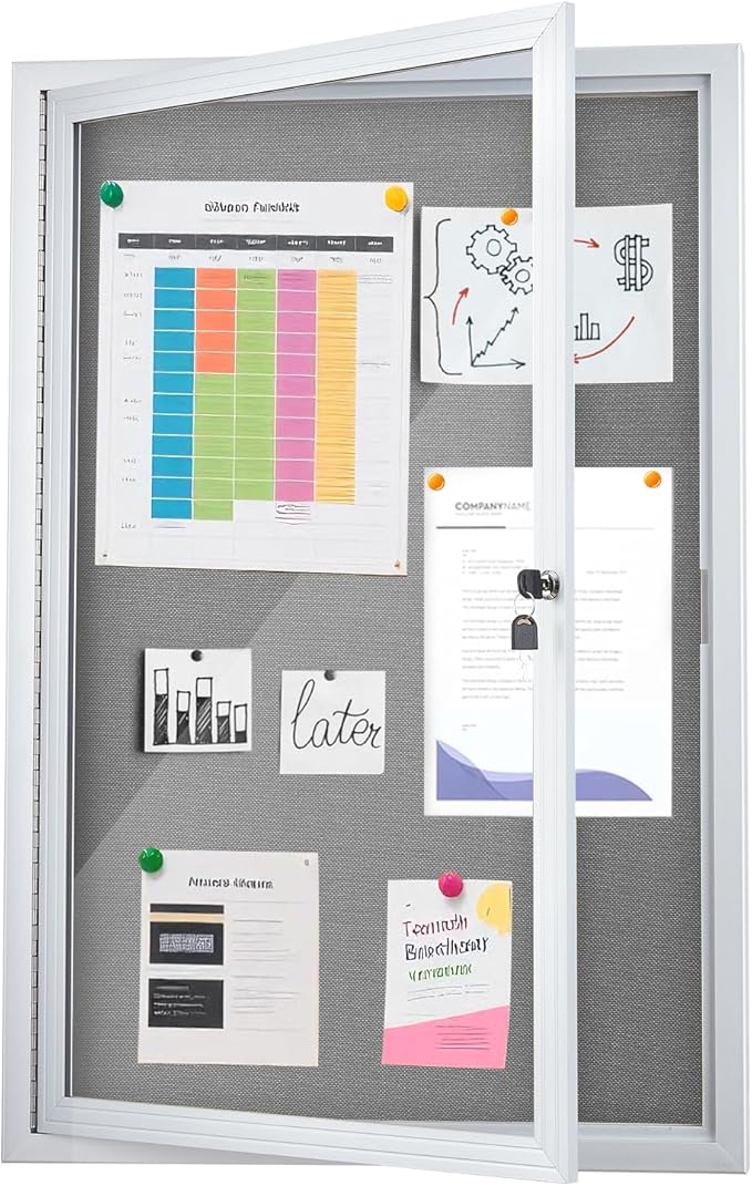 Homezelle Enclosed Bulletin Board 36"x24" Outdoor Weatherproof Cork Noticeboard with Locking Door Wall-Mounted Gray Fabric Silver Aluminium Frame for Home, School, Office, Community, Hospital
