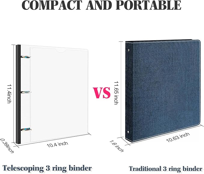 INFUN 1 Inch Telescoping 3 Ring Binder Black+White - 4 PCS， Flexible Binders with Customizable Front Cover and Clear Catalog Pocket,1 inch Binders 3 Ring, 225 Sheet Capacity