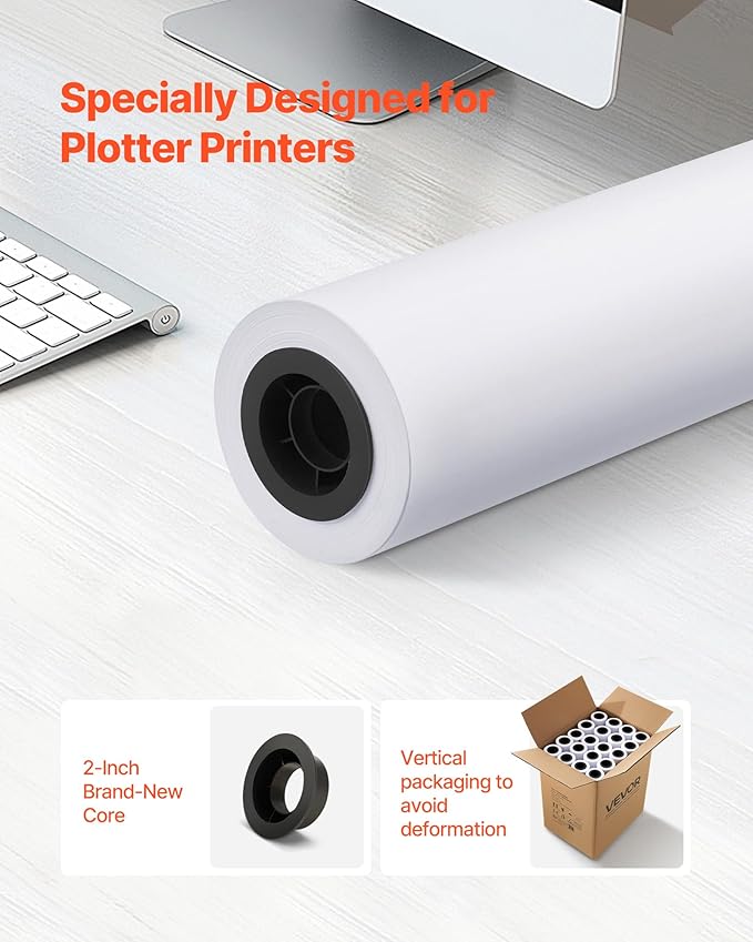 VEVOR Wide Format Paper, 24 in x 150 ft Plotter Roll, 20 Rolls CAD Bond Rolls with 2 in Core, 20 LB Bond Paper Rolls, Ideal for CAD Drawings, Engineering Plans, GIS Maps, and Architectural Designs
