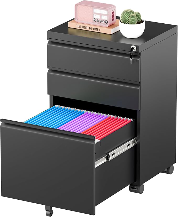 Greenvelly 3 Drawer Mobile File Cabinet with Lock, Fully Assembled Rolling File Cabinet Except Casters, Under Desk File Cabinet with Wheels for Home Office Fit Legal/Letter/A4 File (Assembled, Black)
