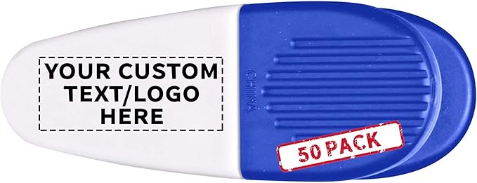 50 Magnetic Memo Holders Set - Customizable Text, Logo - Large Clip, Plastic - White Blue