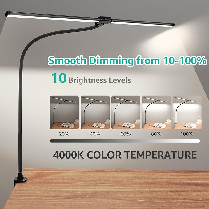 ShineTech LED Desk Lamp for Home Office, 4000K Neutral White Double Head Architect Task Lamps with Clamp, Dimmable Adjustable Flexible,Black