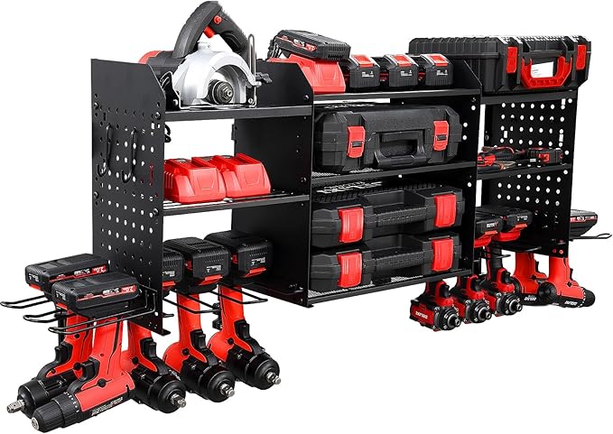 Large Power Tool Organizer Wall Mount with Charging Station, Heavy Duty Cordless Drill Holder, Garage Tool Storage Battery Rack with 8 Outlet, Gift for Men Husband Dad Birthday Anniversary Black