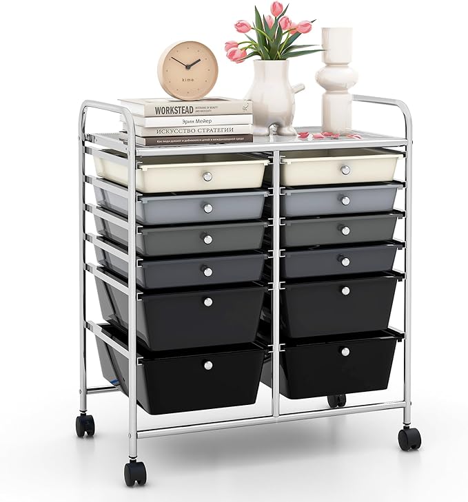 LDAILY 12 Drawer Rolling Storage Cart, Craft Cart Organizer on Wheels w/Metal Frame, Large Capacity & Smooth Drawer, Rolling Cart w/Drawers for Classroom, Office