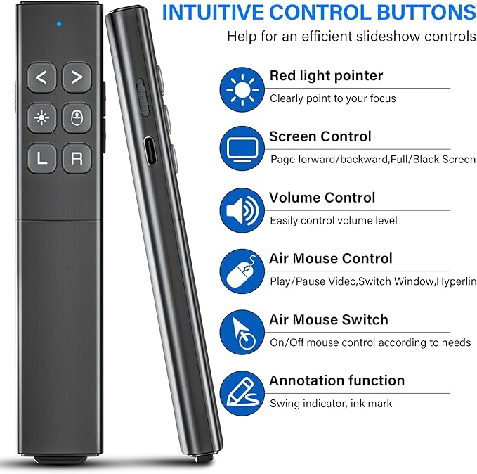 Presentation Clicker with Air Mouse - USB C Wireless Presenter Remote Clicker with Pointer, RF 2.4GHz PowerPoint Clicker for Presentation